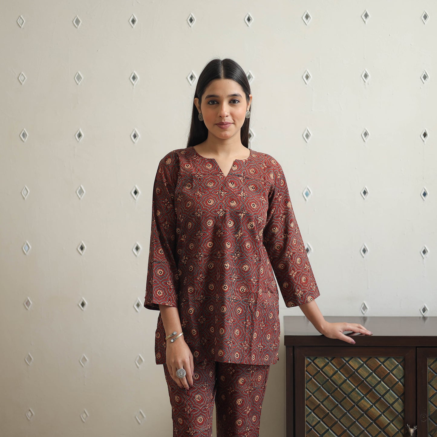 Brown - Block Printed Cotton Ajrakh Co-ord Set 10