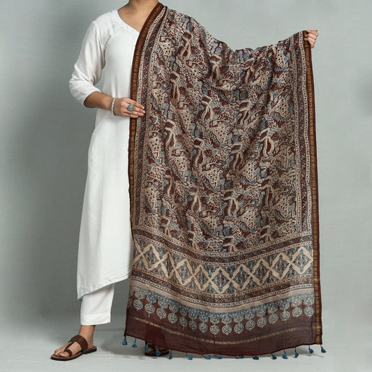 Brown - Ajrakh Hand Block Printed Chanderi Silk Handloom Dupatta with Tassels