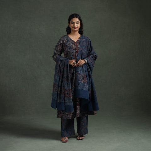 Blue - Ajrakh Hand Block Print Natural Dyed Cotton Suit Set with Dupatta for women 06