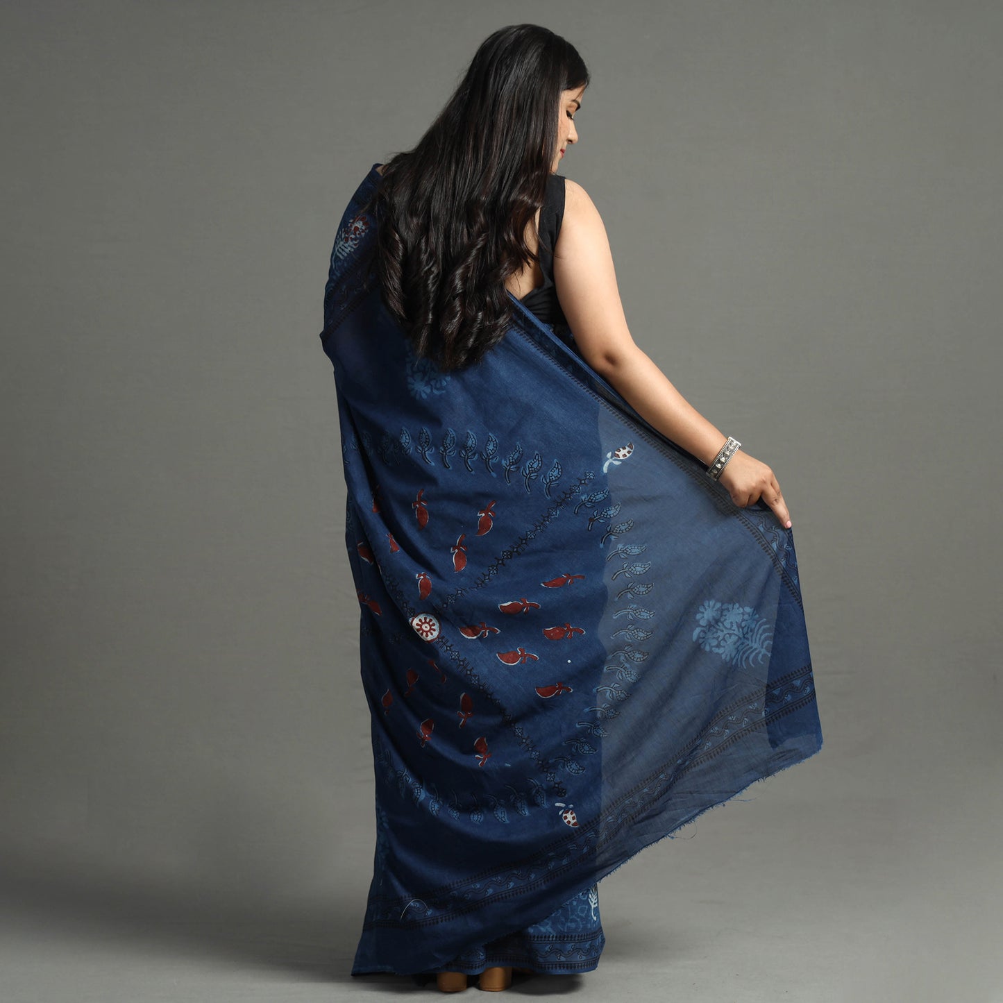 Blue - Indigo Nandana Dabu Block Printed Mul Cotton Saree 28
