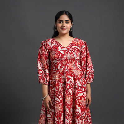 Red - Flared Cotton Block Print Sanganeri Dress 12