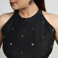 Black - Polka Dot Zari Buti Silk Stitched Plain Blouse 14