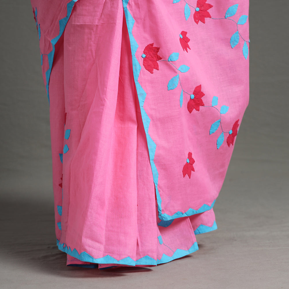 Pink - Applique Patti Kaam Pure Cotton Saree from Rampur 19