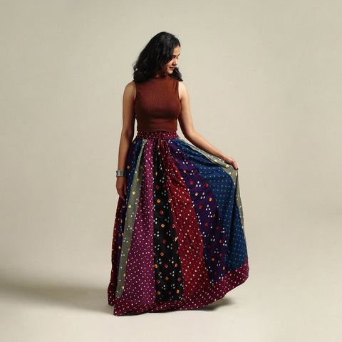 Multicolor - Bandhani Tie-Dye 24 Kali Patchwork Cotton Long Skirt 03