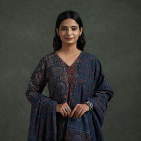 Ajrakh Hand Block Print Natural Dyed Cotton Suit Set with Dupatta for women 06