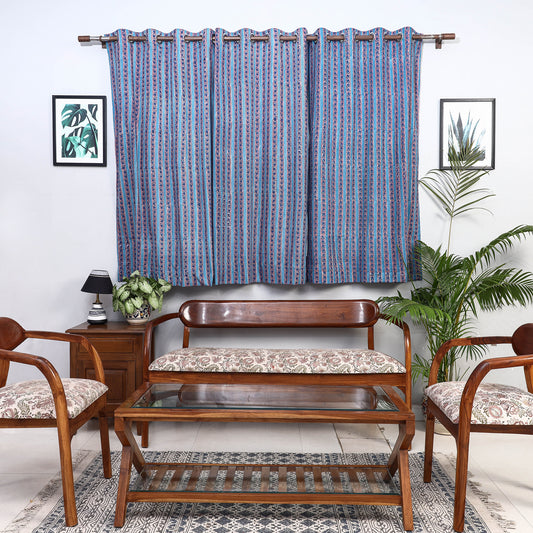 Blue - Sanganeri Block Printed Cotton Window Curtain (5 x 3 Feet) (Single Piece)