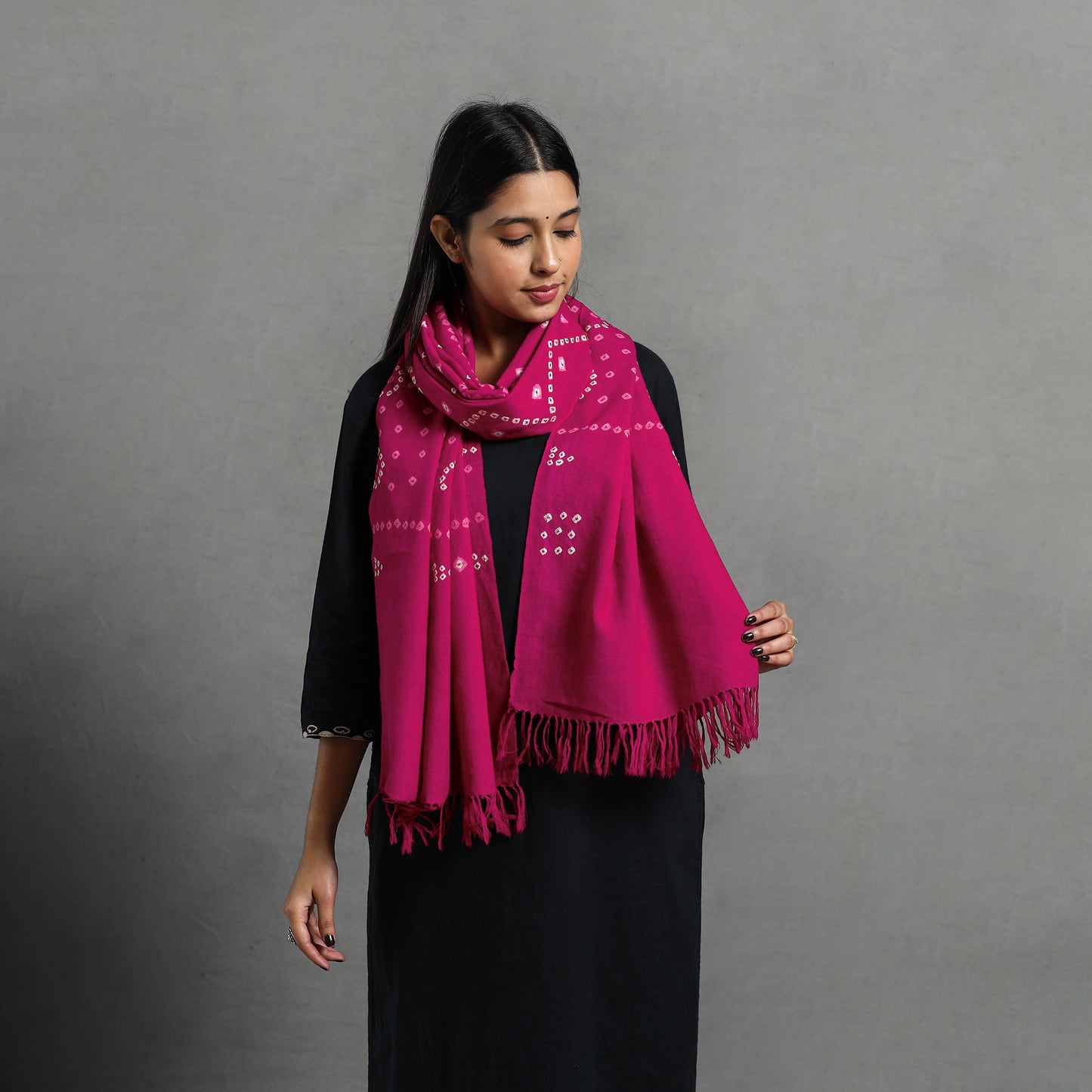 Pink - Kutch Handwoven Merino Wool Tie-Dye Bandhani Stole 23