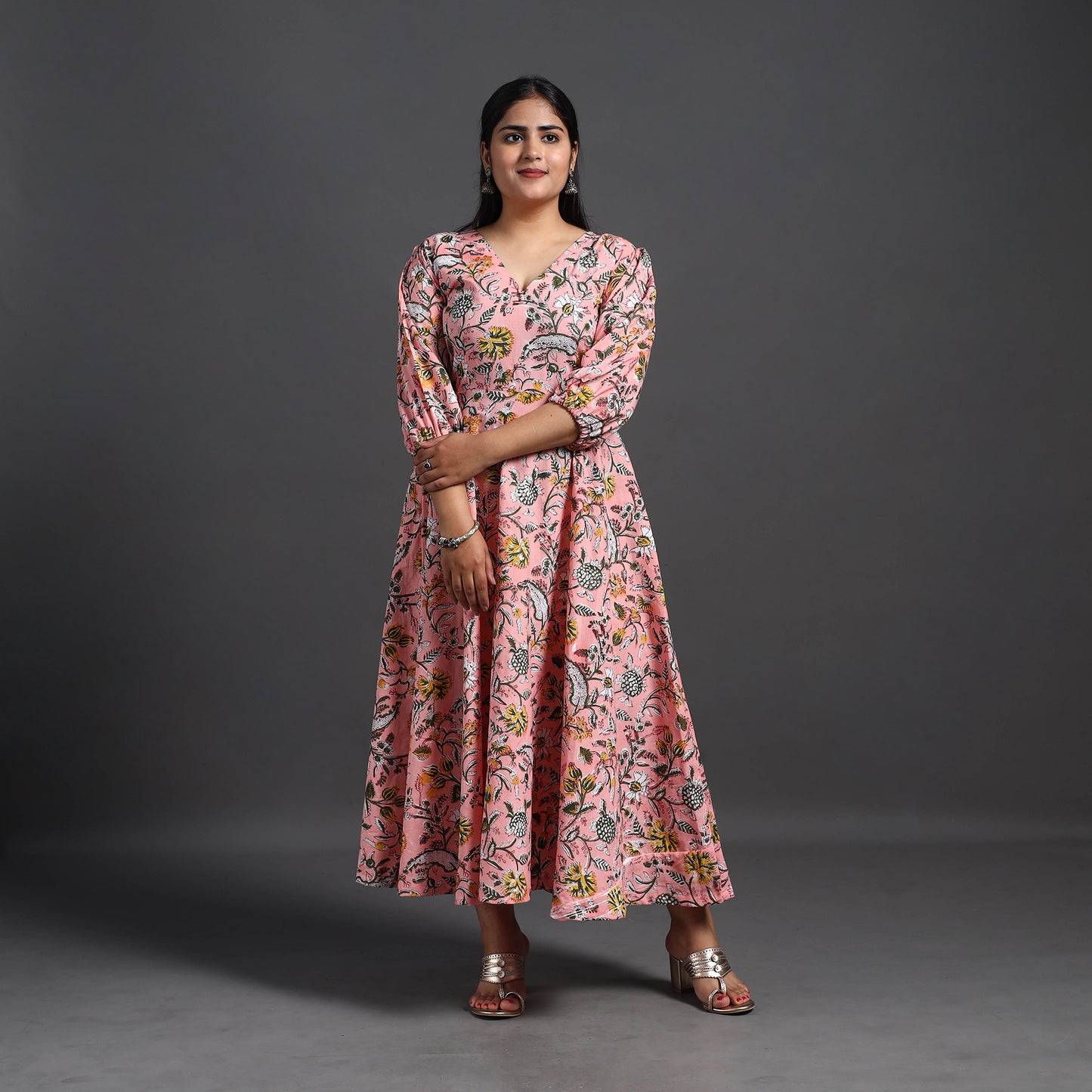 Peach - Flared Cotton Block Print Sanganeri Dress 11