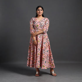 Buy Peach Tiered Cotton Block Print Sanganeri Dress