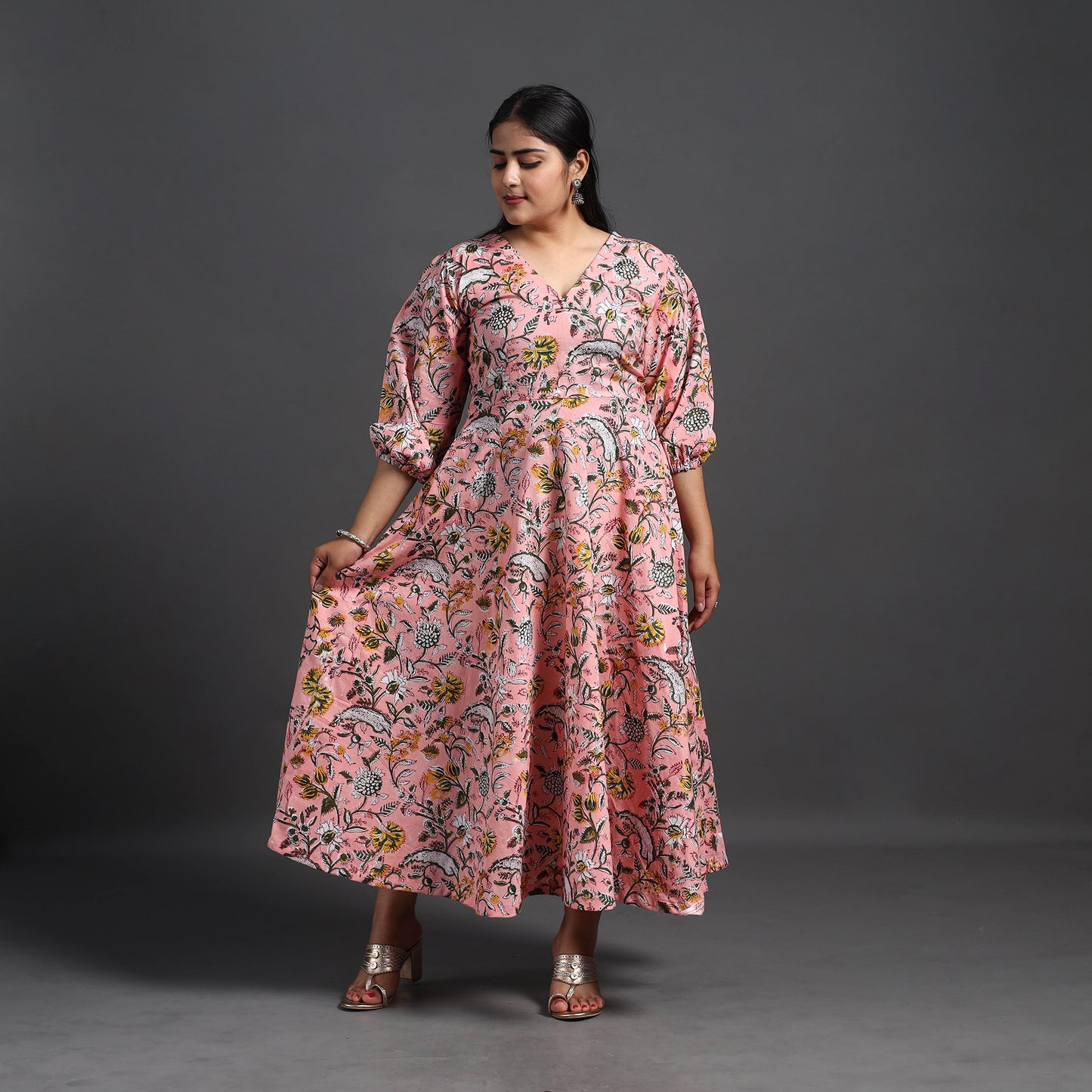 Peach - Flared Cotton Block Print Sanganeri Dress 11