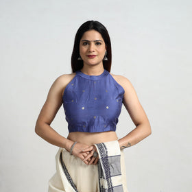 Blue Polka Dot Zari Buti Silk Stitched Plain Blouse