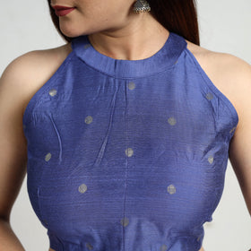 Blue Polka Dot Zari Buti Silk Stitched Plain Blouse