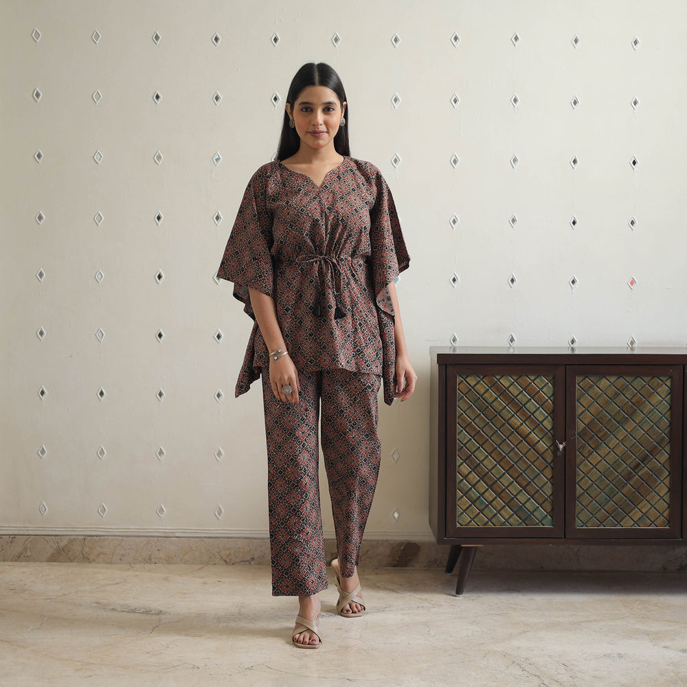 Brown - Block Printed Cotton Kaftan Ajrakh Co-ord Set 09