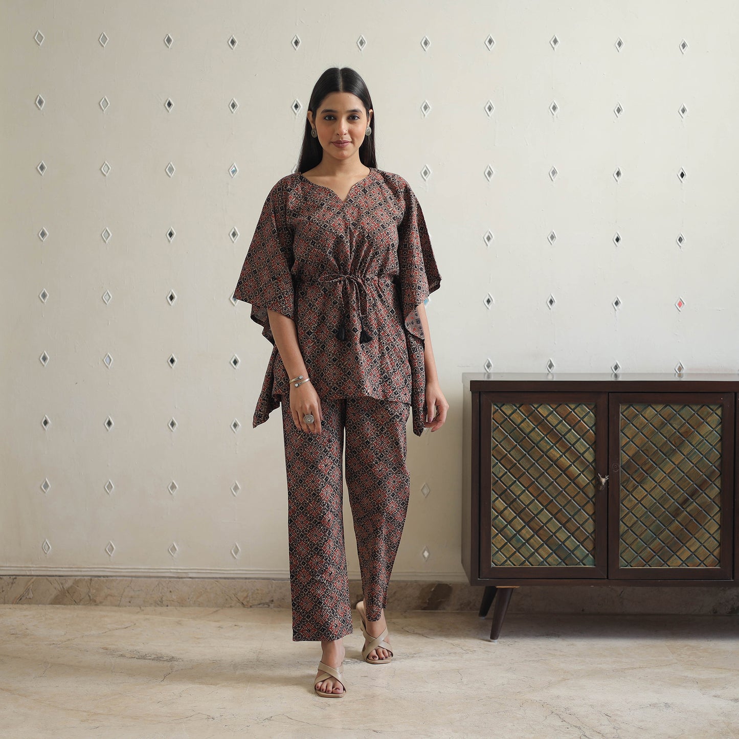 Brown - Block Printed Cotton Kaftan Ajrakh Co-ord Set 09