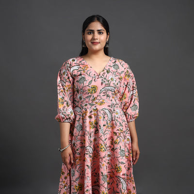 Peach - Flared Cotton Block Print Sanganeri Dress 11