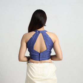 Blue Polka Dot Zari Buti Silk Stitched Plain Blouse