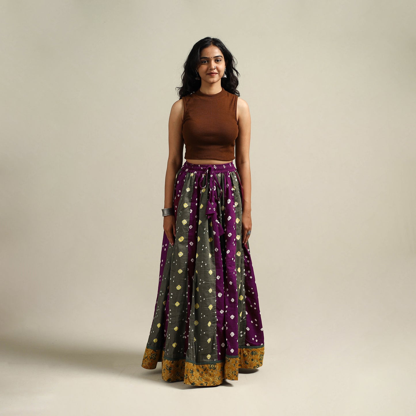 Multicolor - Bandhani Tie-Dye 24 Kali Patchwork Cotton Long Skirt 04