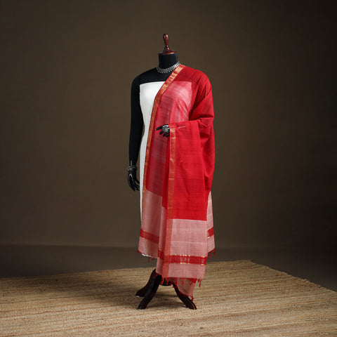 Red - Pure Handloom Cotton Nizam Zari Border Mangalagiri Dupatta 04