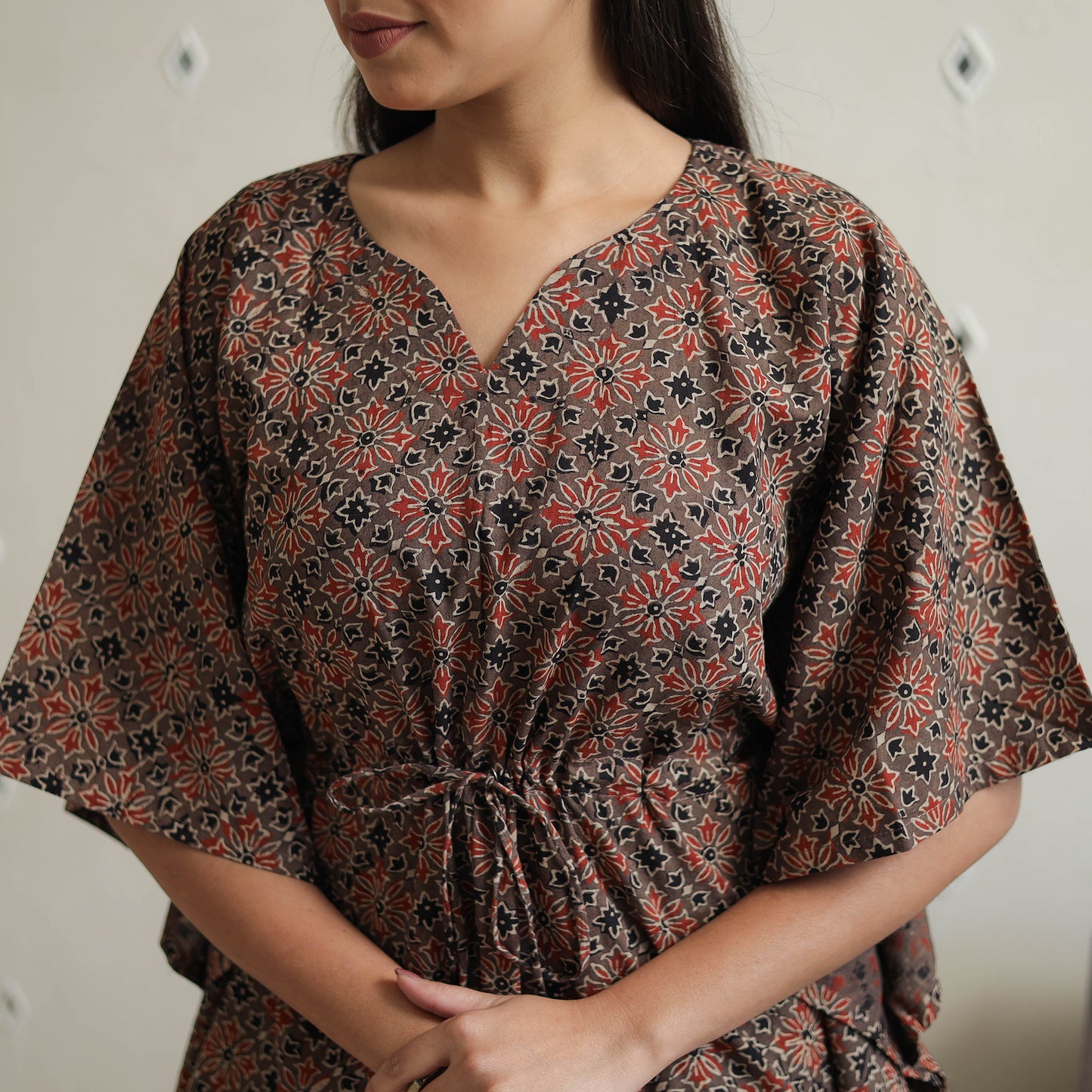 Brown - Block Printed Cotton Kaftan Ajrakh Co-ord Set 09