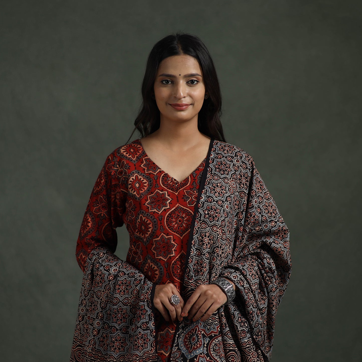 Ajrakh Hand Block Print Natural Dyed Cotton Suit Set with Dupatta for women 01