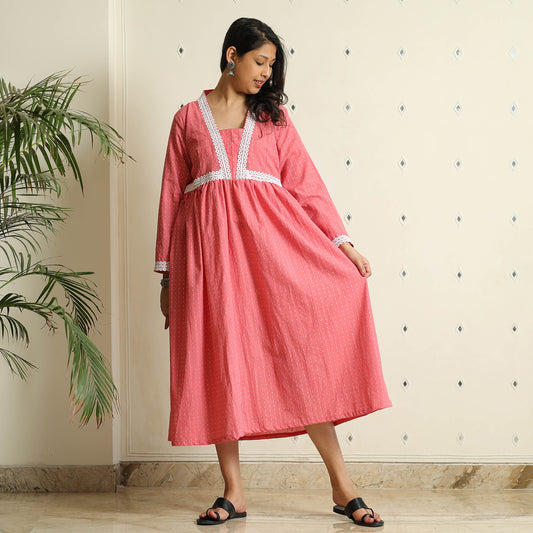 Pink - Jacquard Cotton Flared Gher Dress