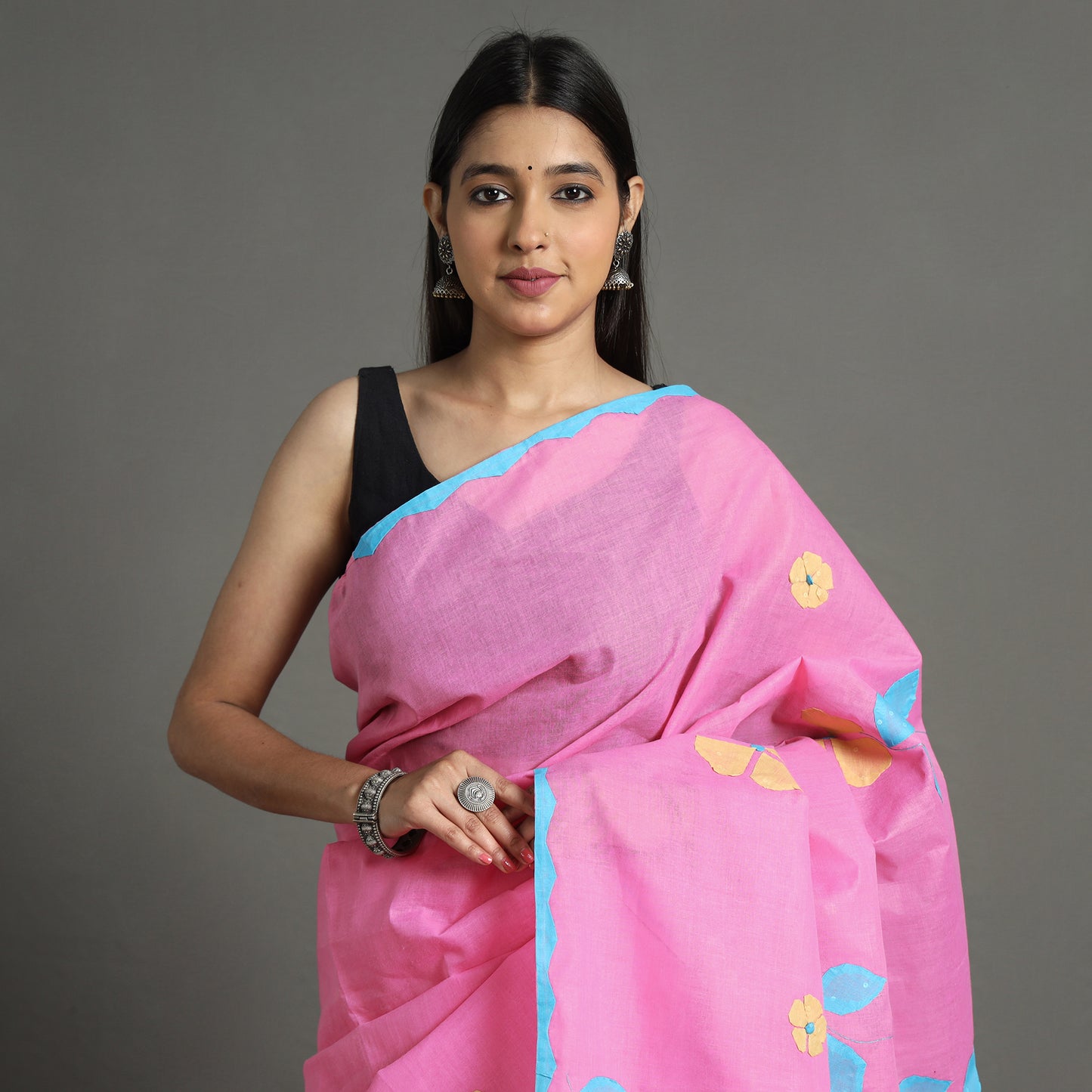 Pink - Applique Patti Kaam Pure Cotton Saree from Rampur 23