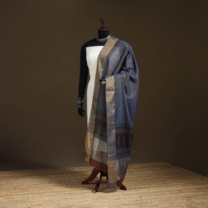 Blue - Bagh Hand Block Print Natural Dyed Tissue Zari Chanderi Silk Dupatta 06