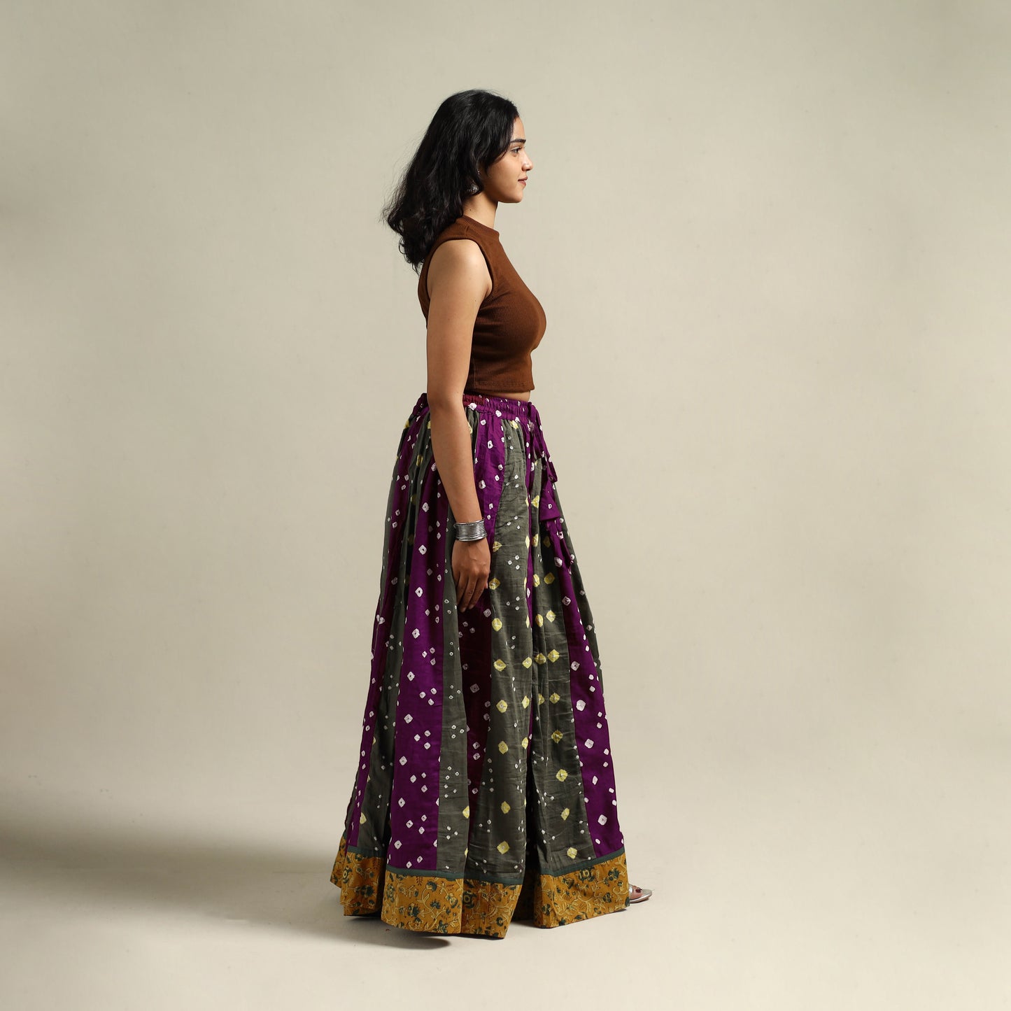 Multicolor - Bandhani Tie-Dye 24 Kali Patchwork Cotton Long Skirt 04