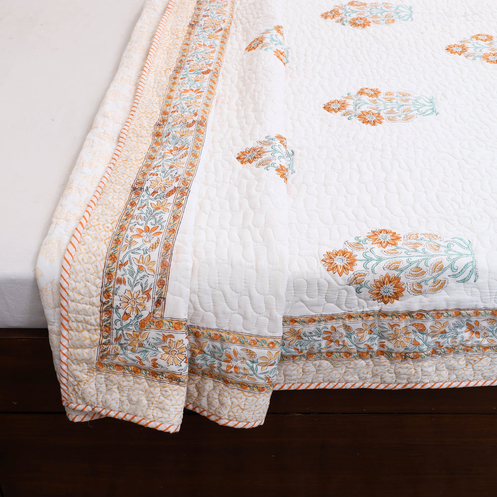 Peach - Double - Reversible Sanganeri Block Print Cotton Quilt Set 01