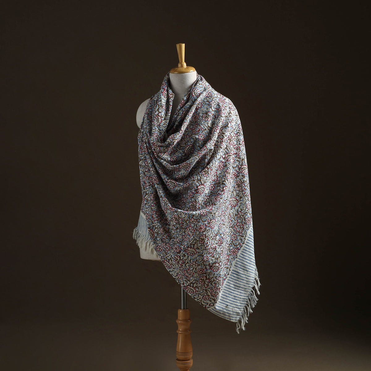 Floral Sanganeri Print Pure Merino Wool Handwoven Shawl 70