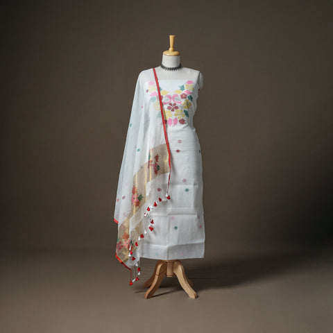 White - Jamdani Pure Handloom Muslin Unstitched Dress Material: Kurta with Dupatta 17