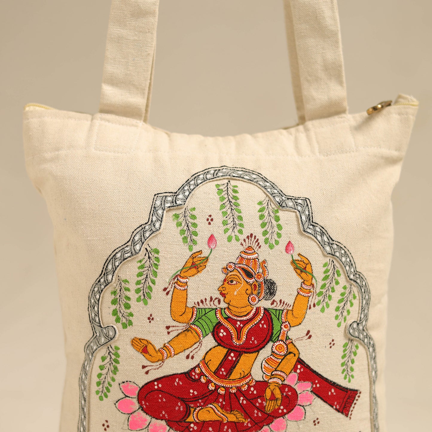 Beige - Pattachitra Handpainted Shoulder Bag from Odisha 24