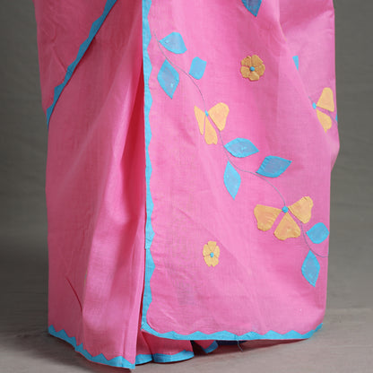Pink - Applique Patti Kaam Pure Cotton Saree from Rampur 23