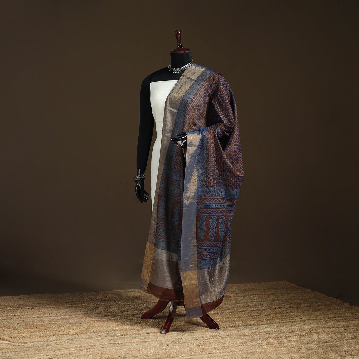 Bagh Hand Block Print Natural Dyed Tissue Zari Chanderi Silk Dupatta 07