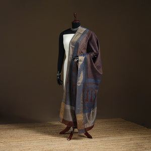 Blue - Bagh Hand Block Print Natural Dyed Tissue Zari Chanderi Silk Dupatta 07
