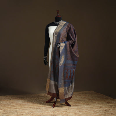 Bagh Hand Block Print Natural Dyed Tissue Zari Chanderi Silk Dupatta 07