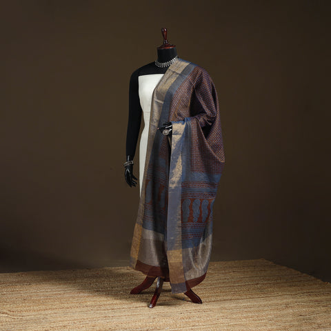 Blue - Bagh Hand Block Print Natural Dyed Tissue Zari Chanderi Silk Dupatta 07