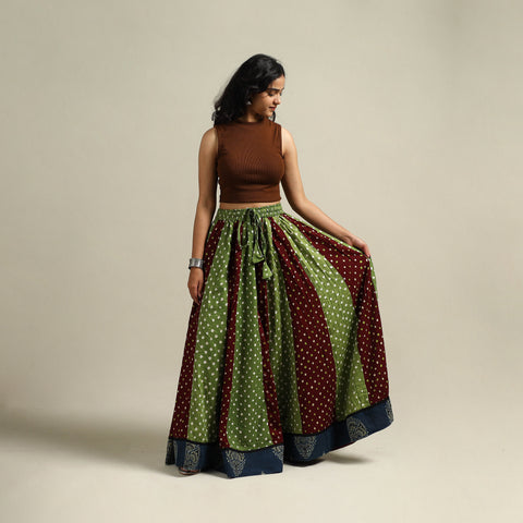 Multicolor - Bandhani Tie-Dye 24 Kali Patchwork Cotton Long Skirt 05