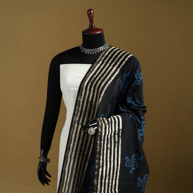 Black - Pipad Hand Block Print Natural Dyed Chanderi Silk Handloom Dupatta 32