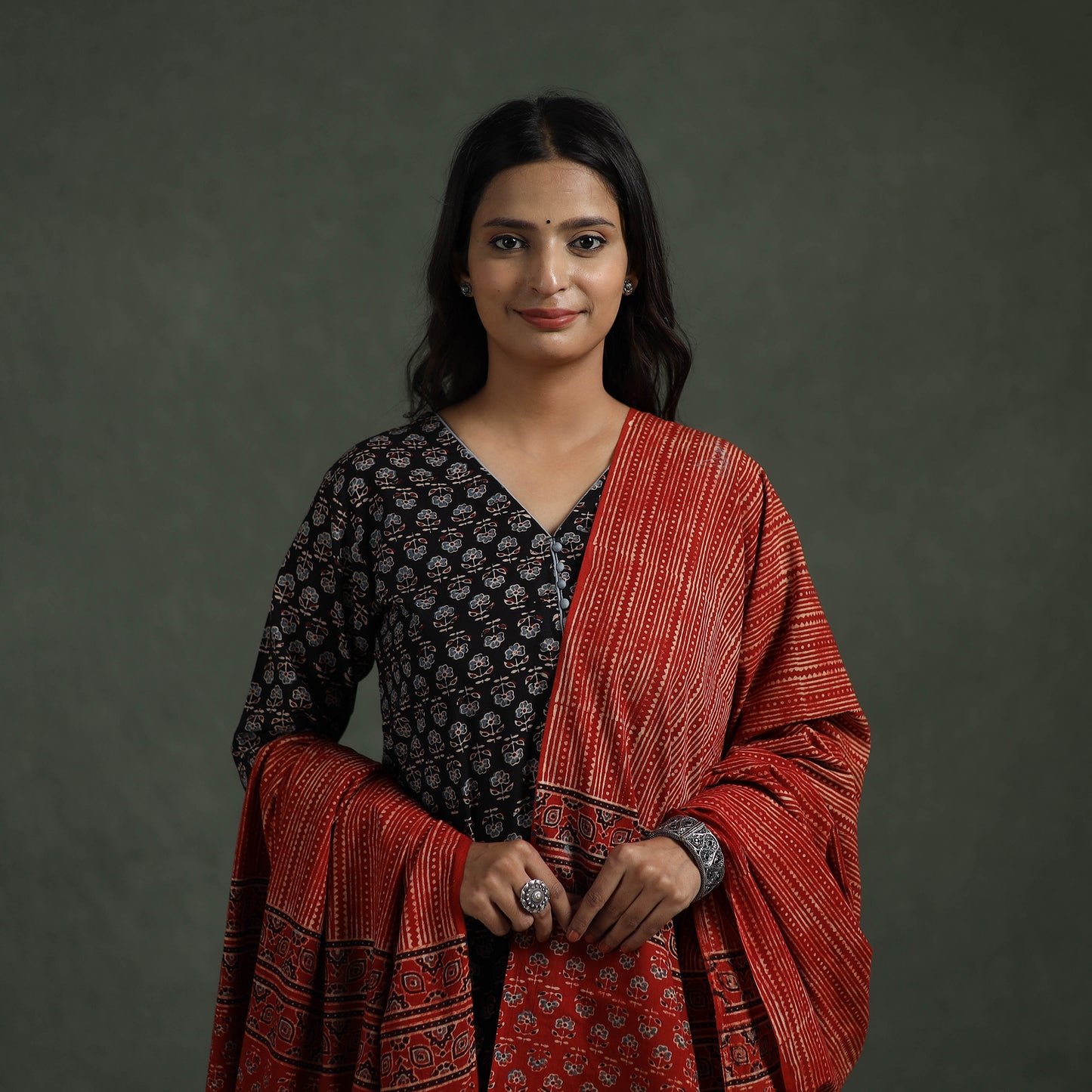 Ajrakh Hand Block Print Natural Dyed Cotton Suit Set with Dupatta for women 05