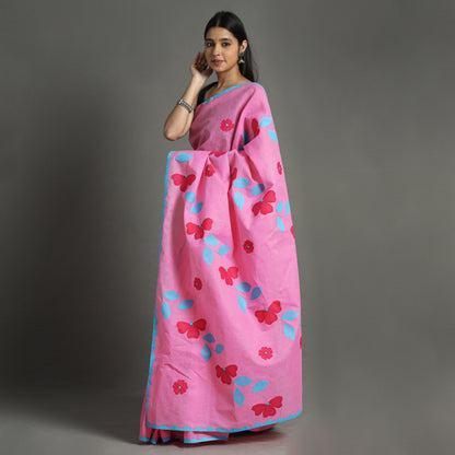 Pink - Applique Patti Kaam Pure Cotton Saree from Rampur 22