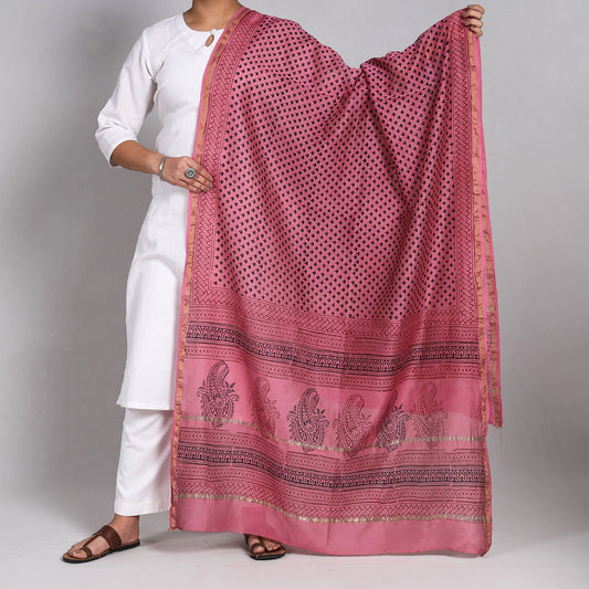 Pink - Bagh Block Printed Chanderi Silk Handloom Dupatta