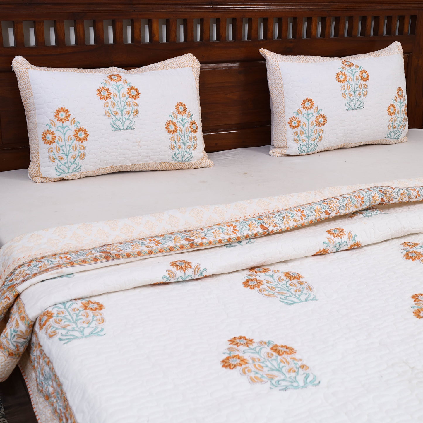 Peach - Double - Reversible Sanganeri Block Print Cotton Quilt Set 01