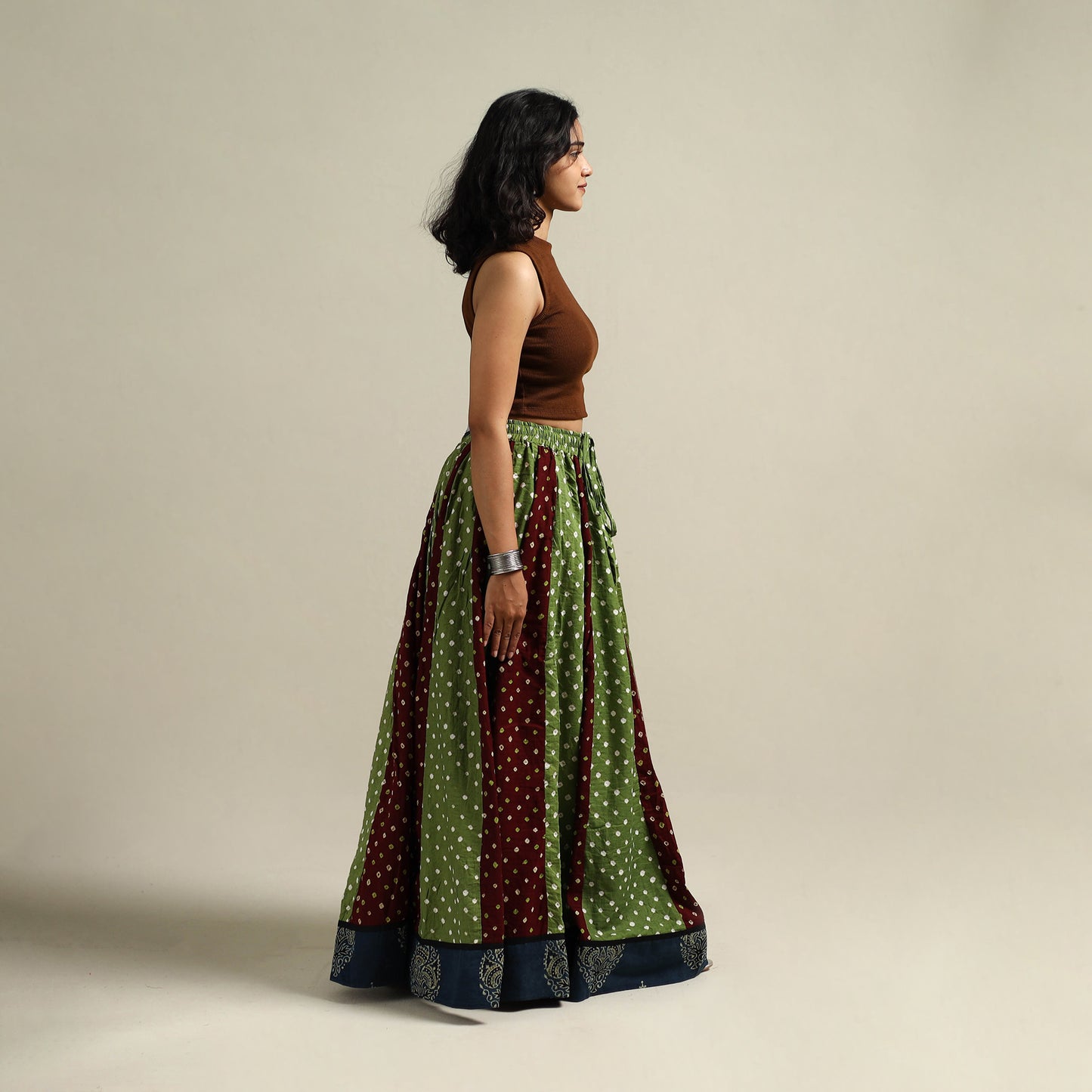 Multicolor - Bandhani Tie-Dye 24 Kali Patchwork Cotton Long Skirt 05