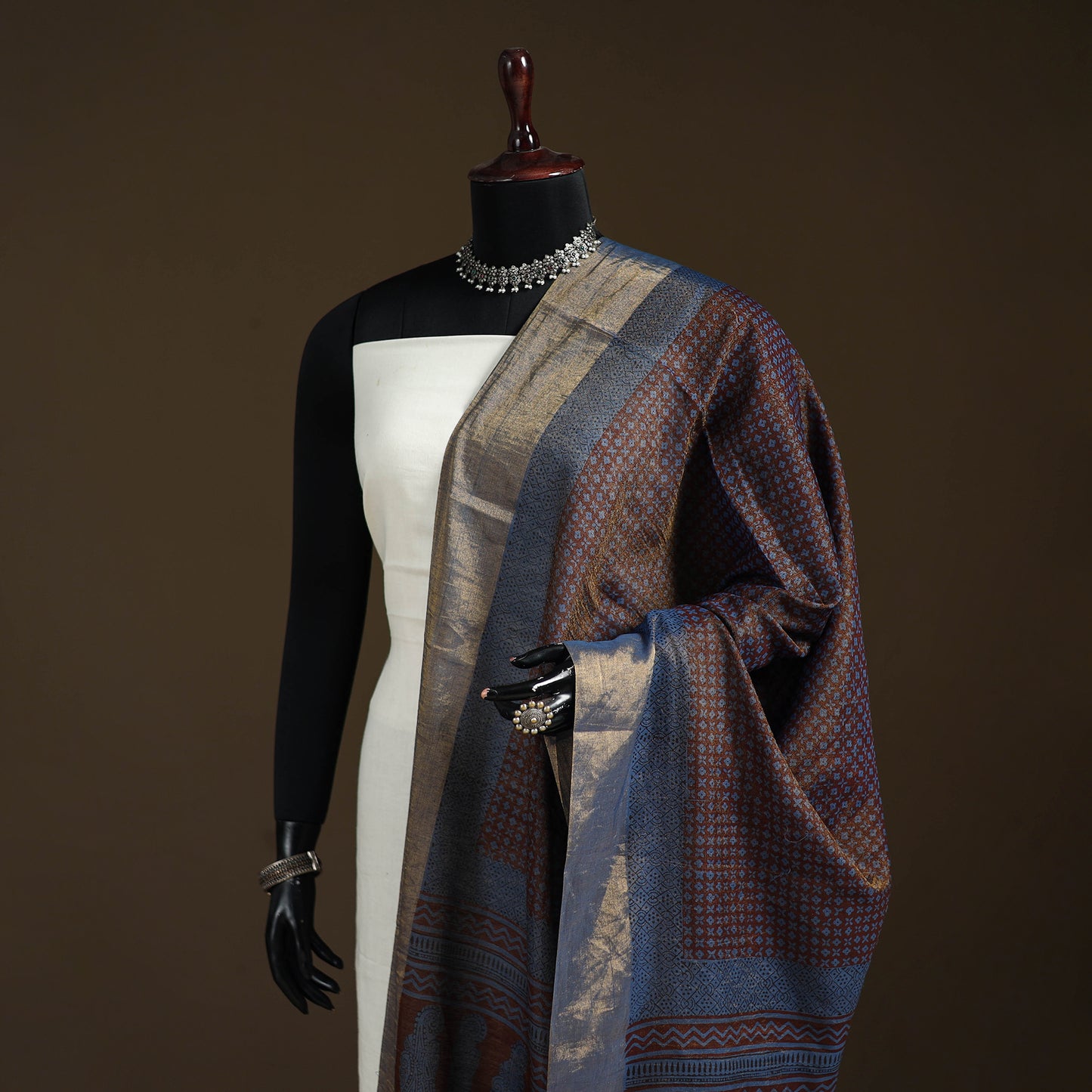 Bagh Hand Block Print Natural Dyed Tissue Zari Chanderi Silk Dupatta 07