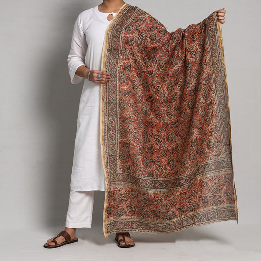 Multicolor - Pedana Kalamkari Block Printed Chanderi Silk Handloom Dupatta with Zari Border