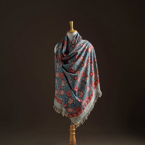 Floral sanganeri print pure merino wool handwoven shawl 71