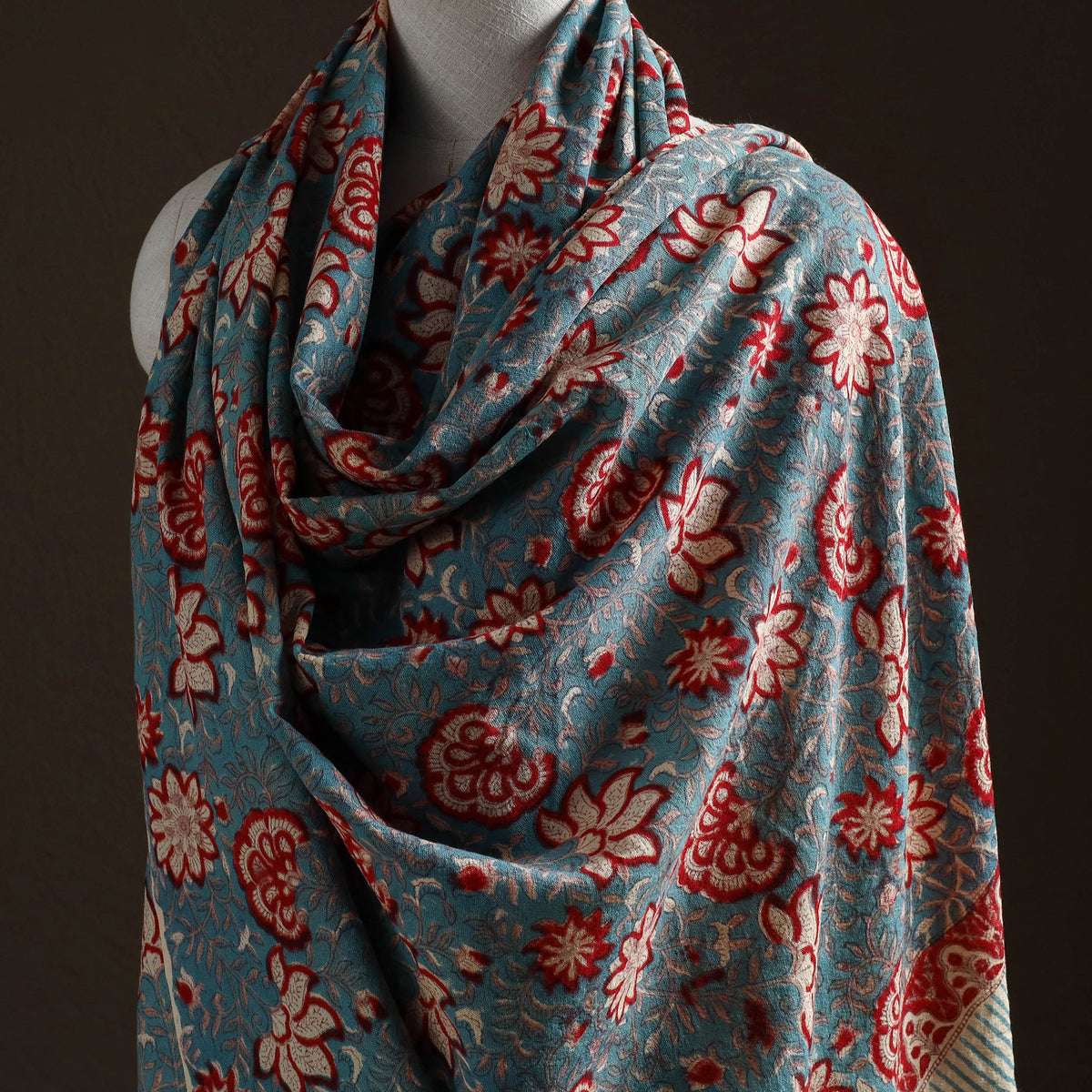 Floral Sanganeri Print Pure Merino Wool Handwoven Shawl 71