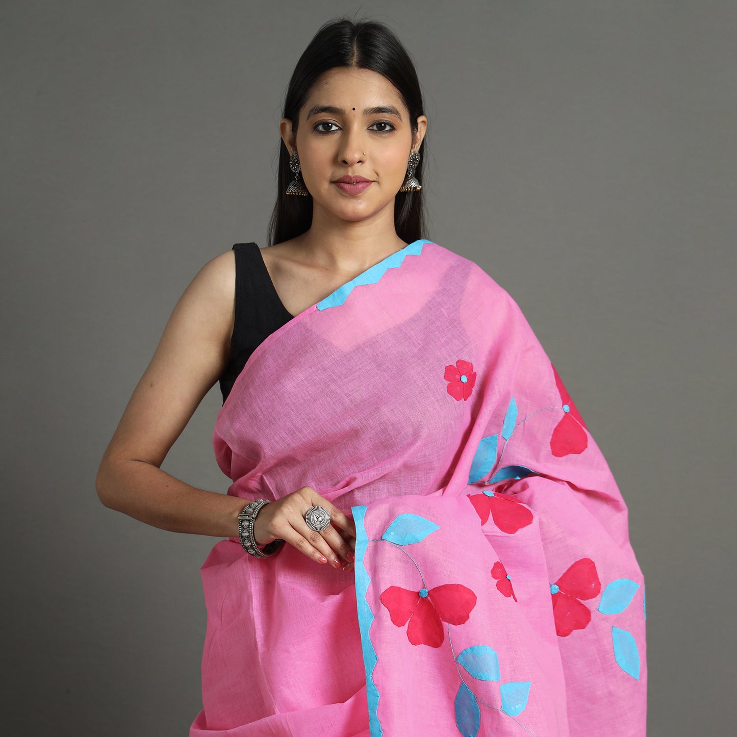 Pink - Applique Patti Kaam Pure Cotton Saree from Rampur 22