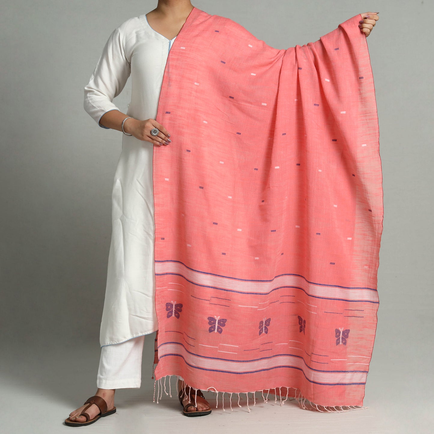 Peach - Phulia Jamdani Buti Handloom Pure Cotton Dupatta